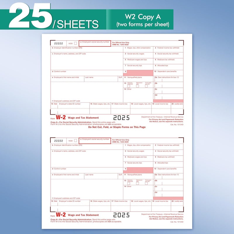Yeplan W2 Tax Forms 2025 with Envelopes, 6 Part Tax Forms 2025, 50 Employee Kit of Laser Forms with 3 W3, with 50 Self Seal Envelopes - Image 2